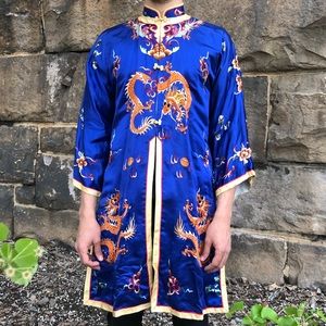 Vintage Blue Embroidered Orange Dragon Kimono